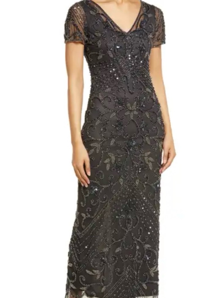 Elegant Pissarro Nights Beaded Short-Sleeve Evening Dress - Carbon